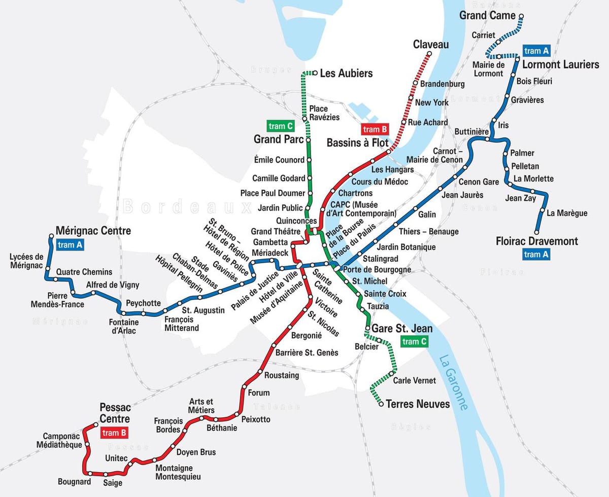 Bordeaux električky systém mapu