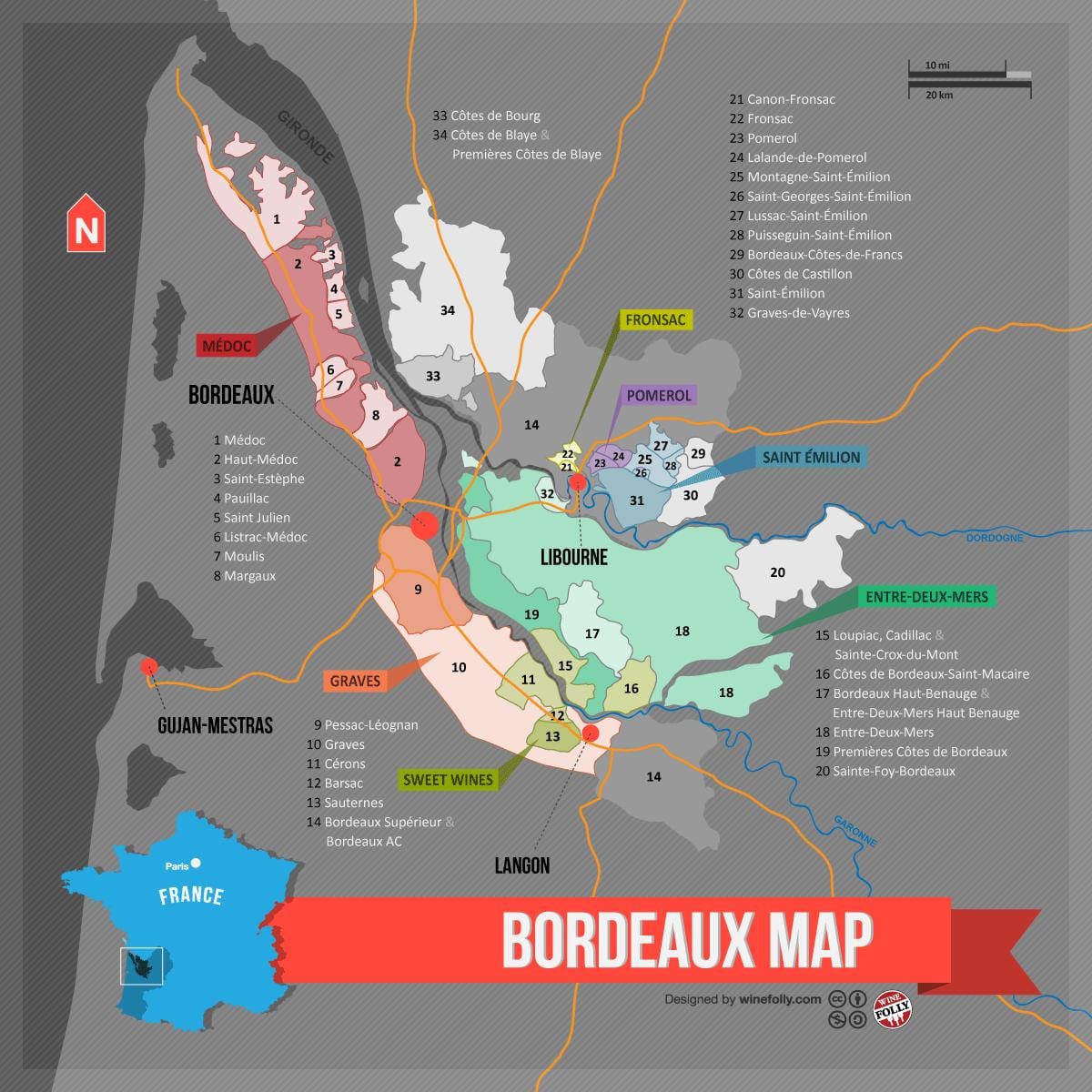Bordeaux vína krajiny mapu
