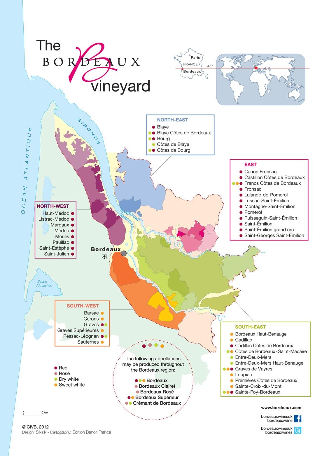 mapu Bordeaux vína krajiny